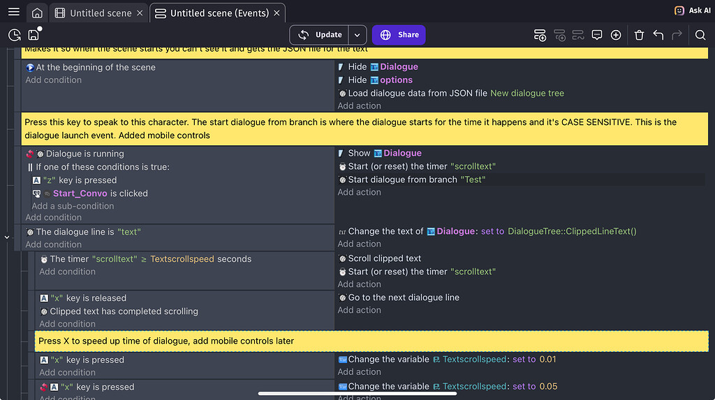 (SOLVED)Dialogue tree won't work - How do I...? - GDevelop Forum