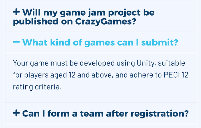 Screenshot of the game jam's FAQ displaying the unity-only rule